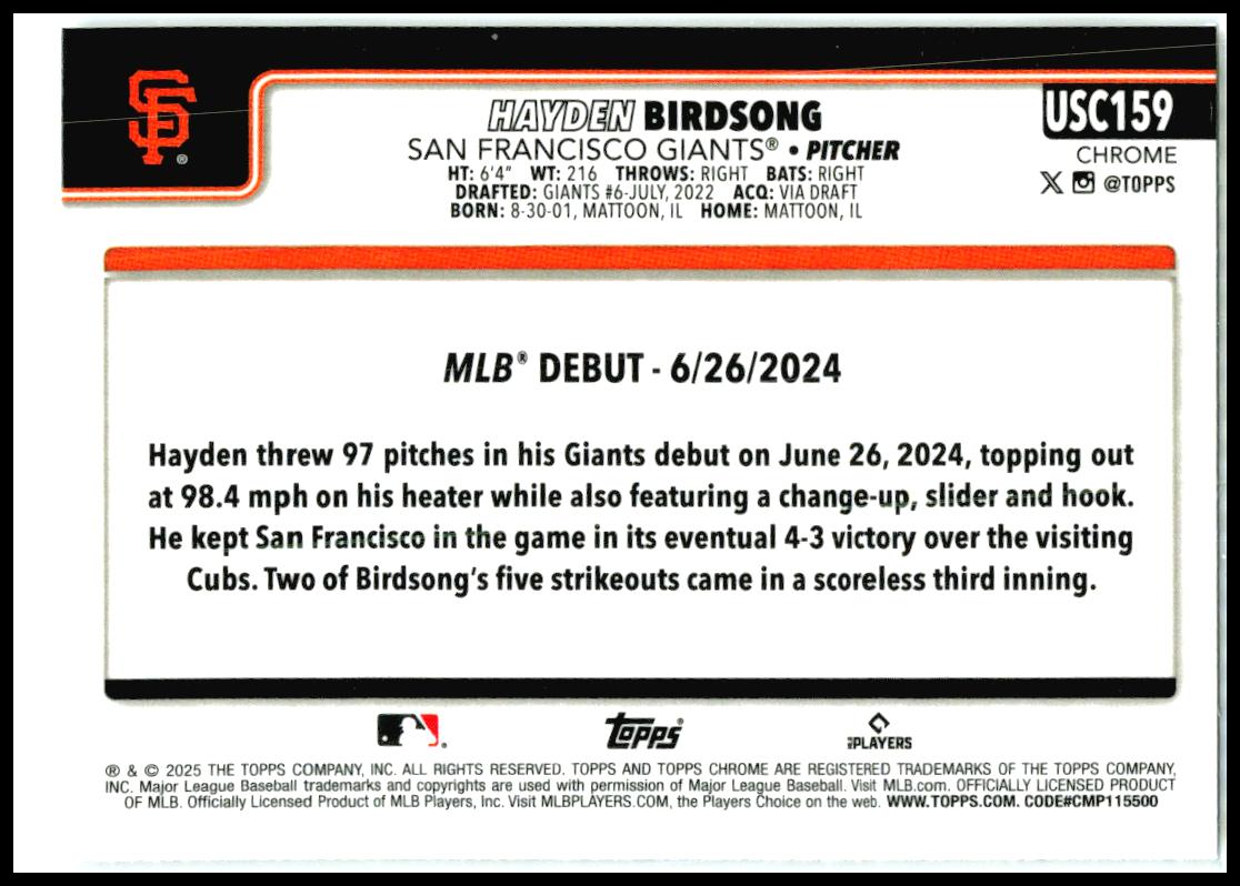 2025 Topps Update X-Fractor #USC159 Hayden Birdsong San Francisco Giants