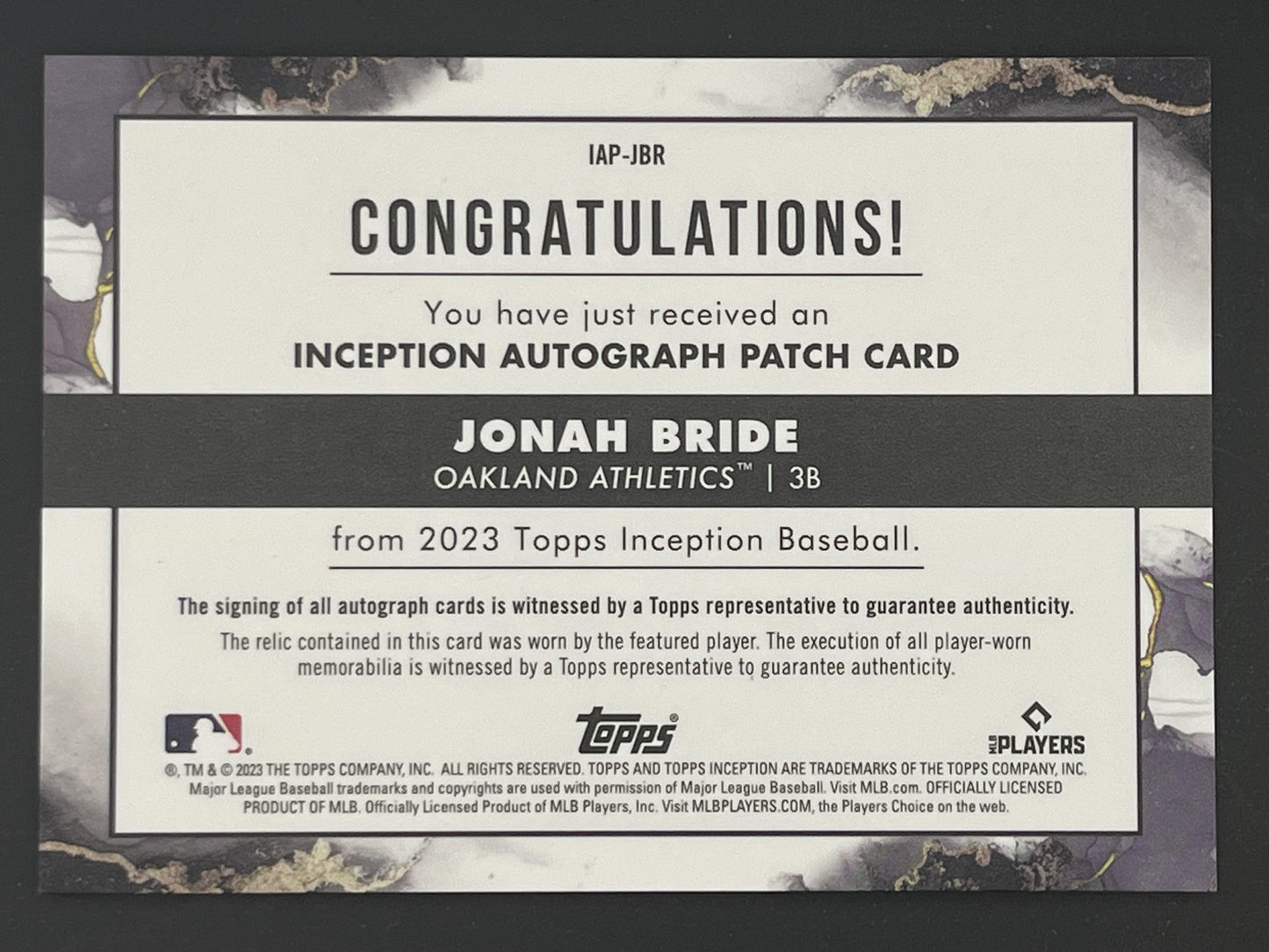 2023 Topps Inception Auto Patch /50 #IAP-JBR Jonah Bride Auto