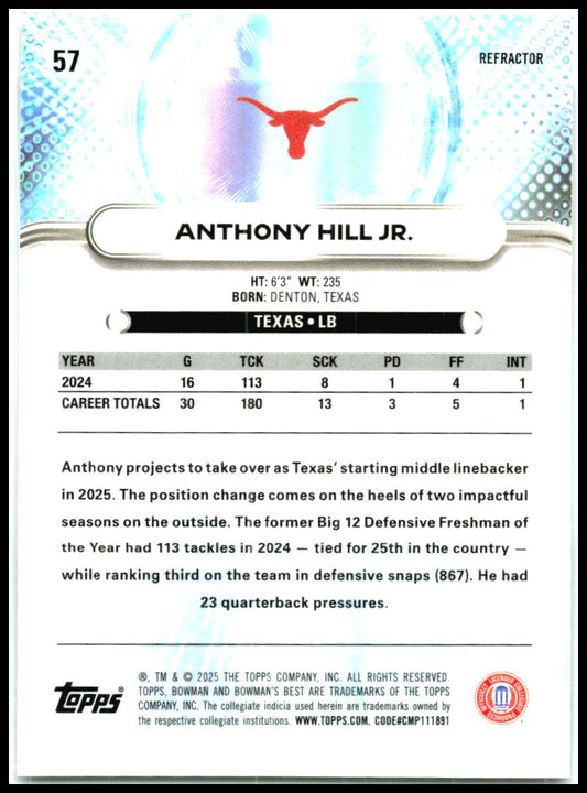 2025 Bowman University Best #57 Anthony Hill Jr. Texas Longhorns