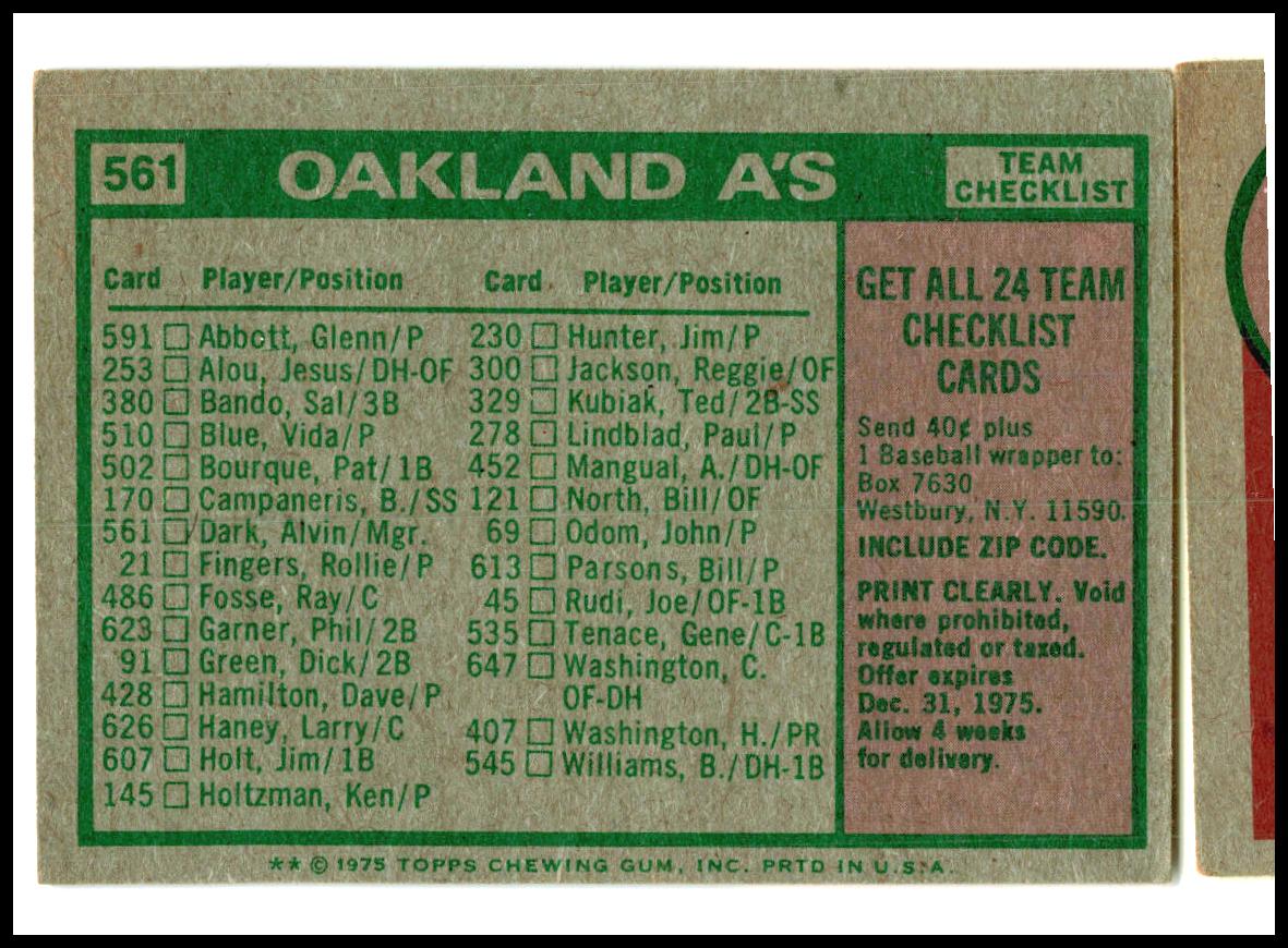 1975 Topps Team Checklists White Back #561 Oakland A's / Alvin Dark Oakland