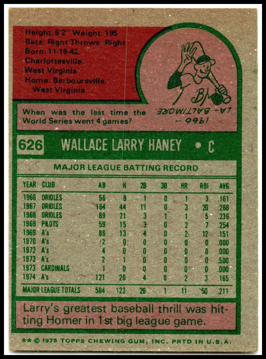 1975 Topps #626 Larry Haney Oakland Athletics