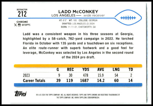 2024 Topps Chrome Refractor #212 Ladd McConkey Rookie Los Angeles Chargers