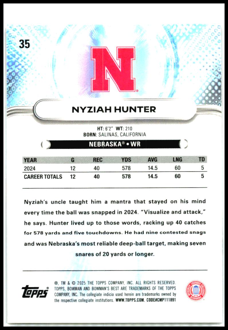 2025 Bowman University Best #35 Nyziah Hunter Nebraska Cornhuskers