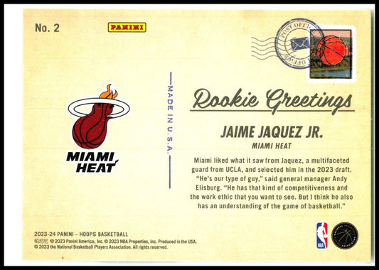 2023-24 Hoops Rookie Greetings #2 Jaime Jaquez Jr. Miami Heat