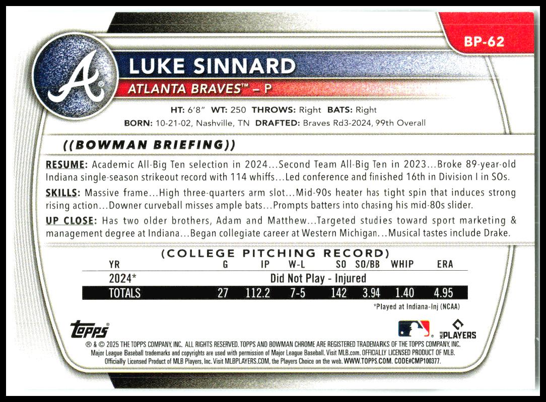 2025 Bowman Prospects #BP-62 Luke Sinnard Atlanta Braves