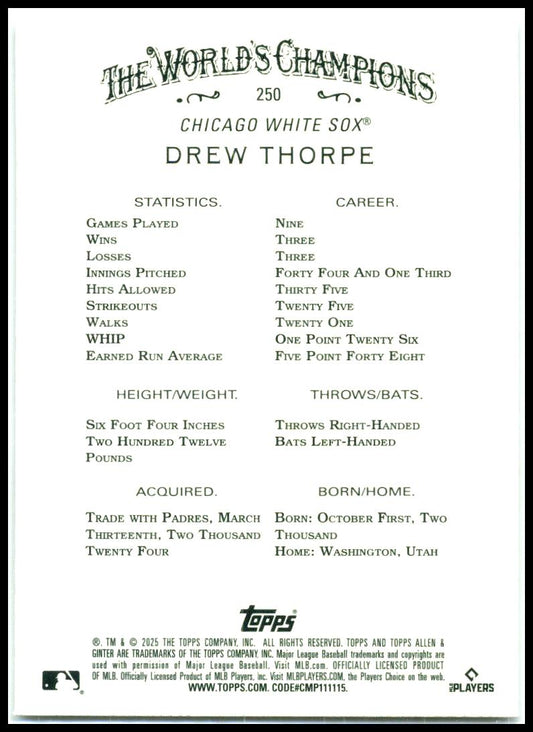 2025 Topps Allen & Ginter Silver Portrait #250 Drew Thorpe Rookie White Sox