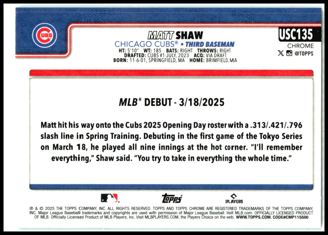 2025 Topps Chrome Update Teal RayWave Refractors #USC135 Matt Shaw Rookie Cubs