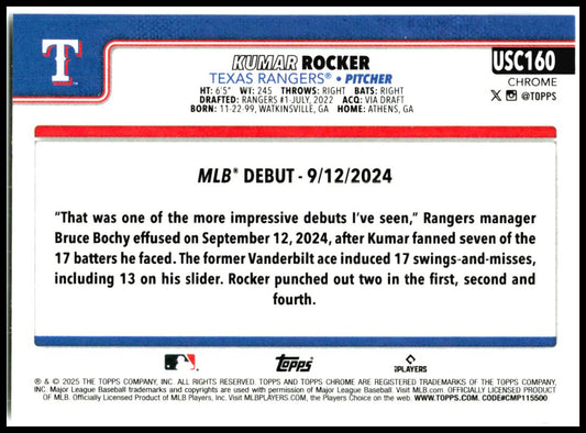 2025 Topps Chrome Update #USC160 Kumar Rocker Rookie Texas Rangers