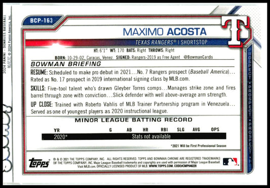 2021 Bowman Chrome Prospects Mojo Refractor #BCP-163 Maximo Acosta Texas Rangers