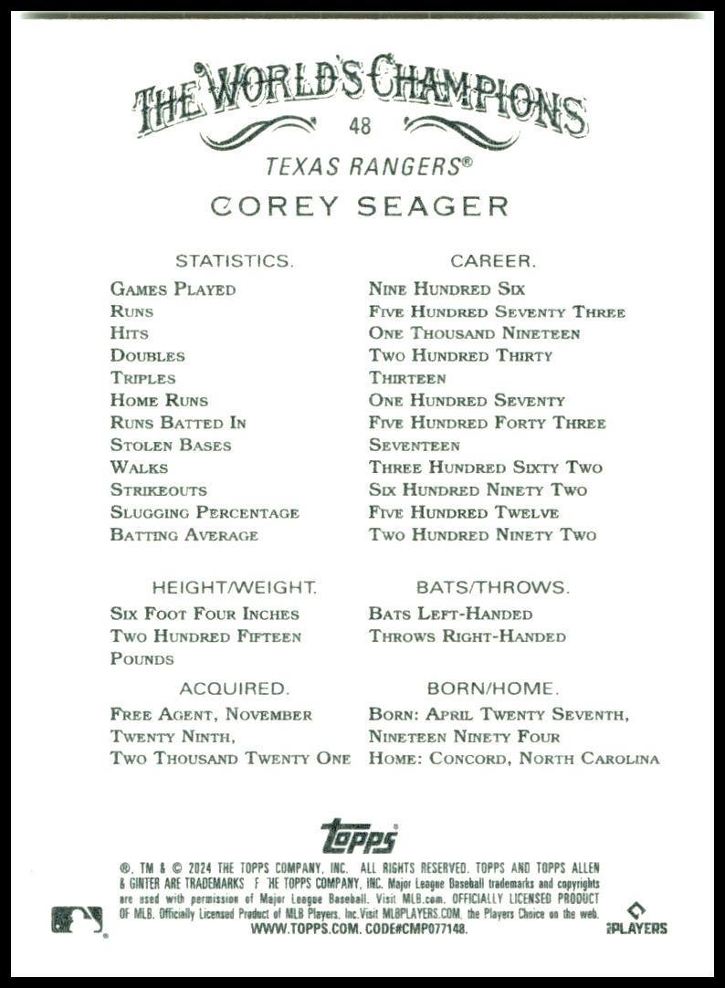 2024 Topps Allen & Ginter #48 Corey Seager Texas Rangers