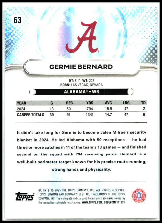 2025 Bowman University Best #63 Germie Bernard Alabama Crimson Tide