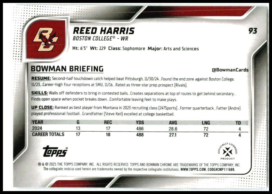 2025 Bowman University Chrome #93 Reed Harris Boston College Eagles