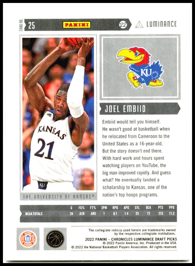 2022 Panini Chronicles Draft Picks Luminance Purple #25 Joel Embiid Kansas