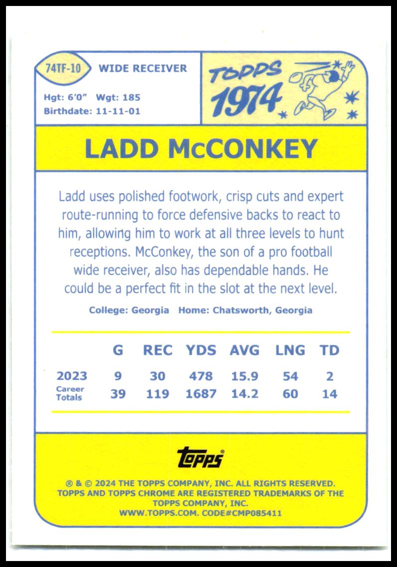 2024 Topps Chrome 1974 Topps Football #74TF-10 Ladd McConkey Chargers