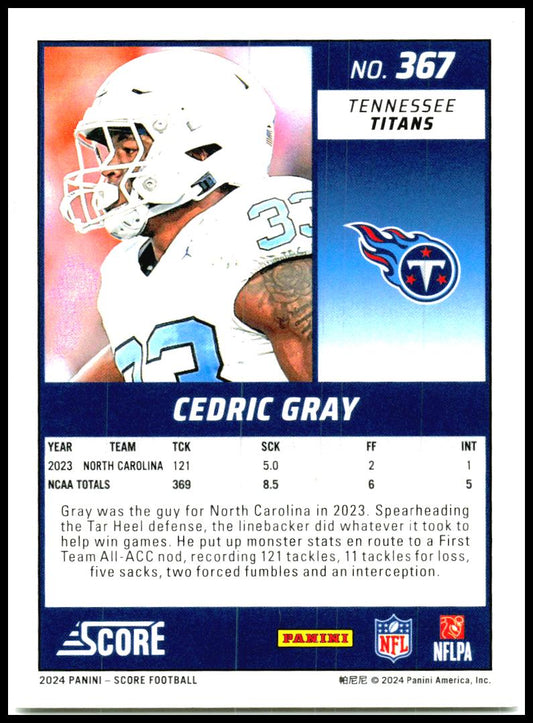 2024 Score #367 Cedric Gray Rookie Tennessee Titans