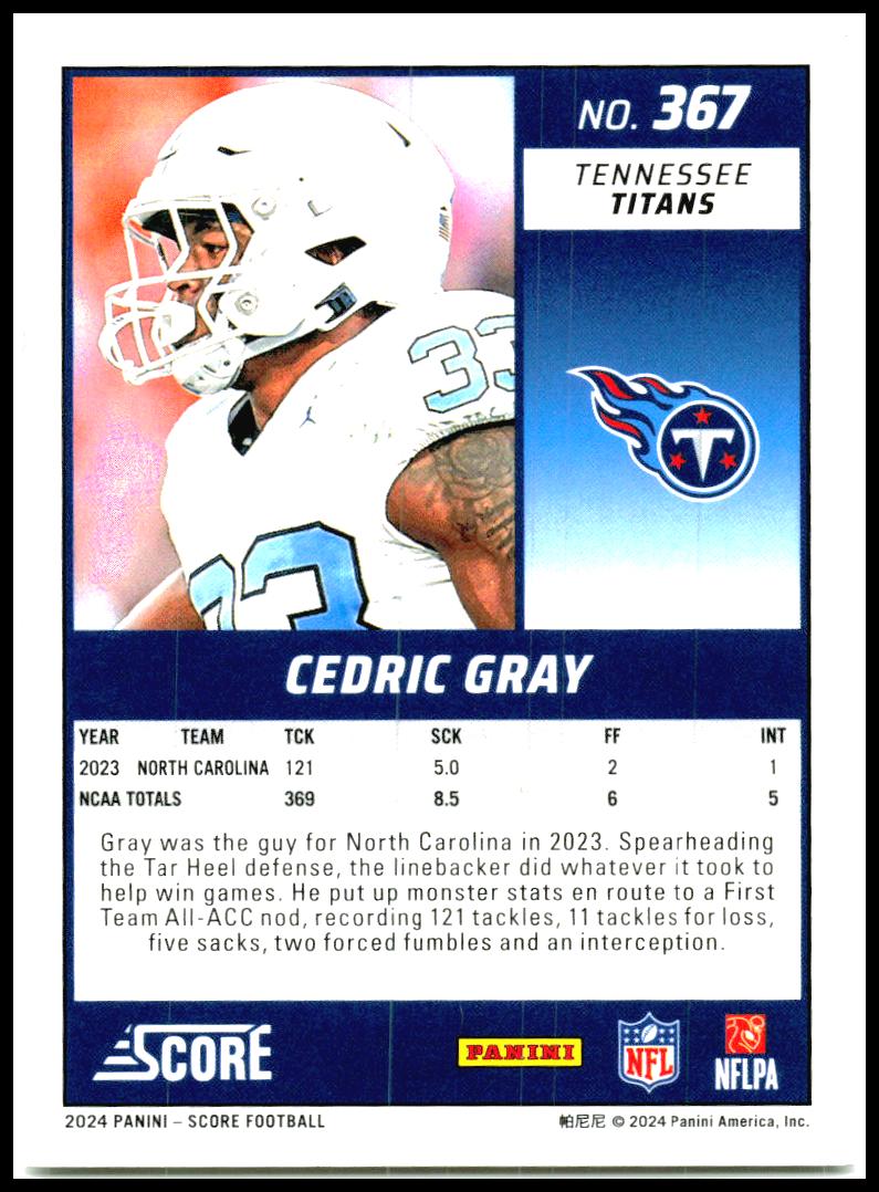 2024 Score #367 Cedric Gray Rookie Tennessee Titans