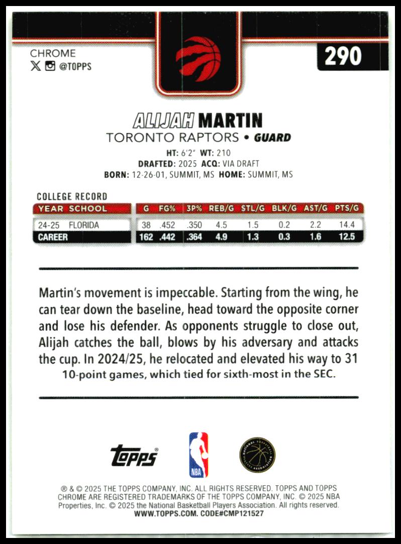 2025-26 Topps Chrome Yellow Refractor /275 #290 Alijah Martin Rookie Raptors