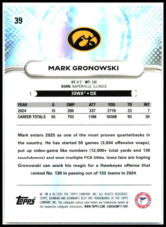 2025 Bowman University Best Shimmer #39 Mark Gronowski Iowa Hawkeyes