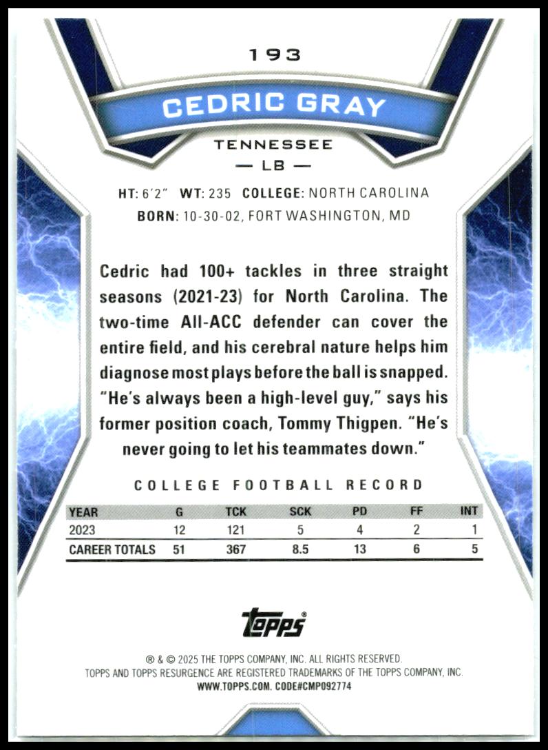 2024 Topps Resurgence #193 Cedric Gray Rookie Tennessee Titans