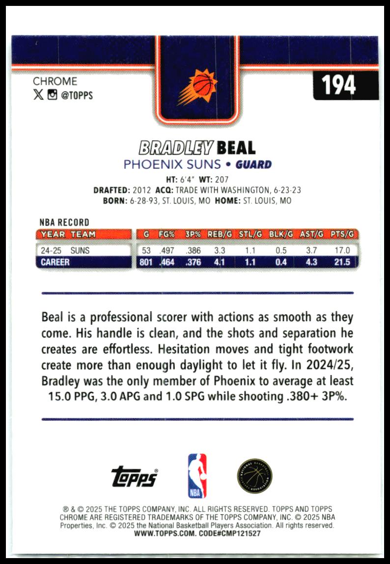 2025-26 Topps Chrome Negative Refractor #194 Bradley Beal Phoenix Suns