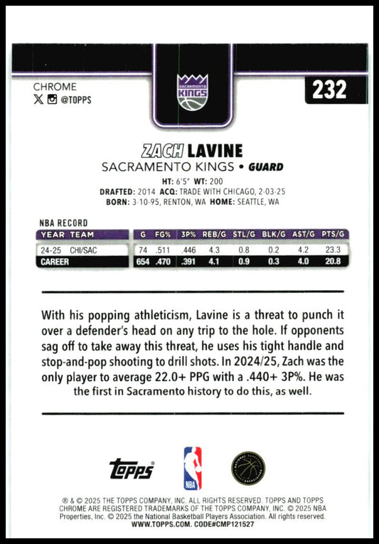 2025-26 Topps Chrome X-Fractor #232 Zach LaVine Sacramento Kings