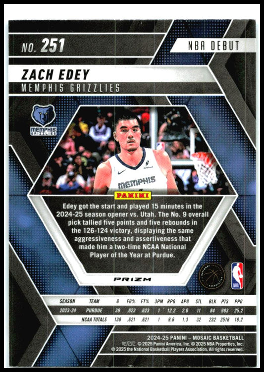2024-25 Panini Mosaic Reactive Blue Mosaic #251 Zach Edey Memphis Grizzlies