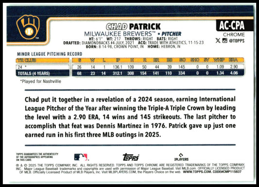 2025 Topps Chrome Update Auto Green Refractor #AC-CPA Chad Patrick Auto Brewers