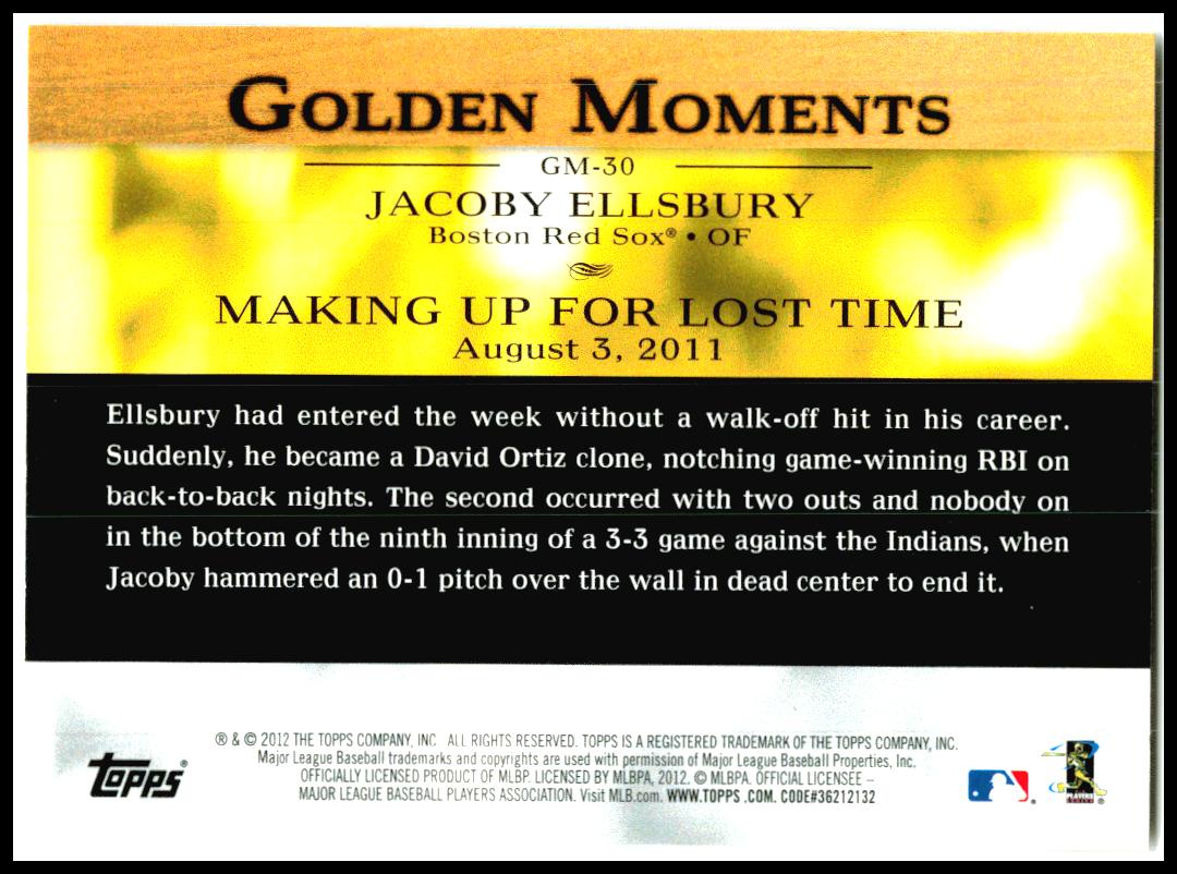 2012 Topps Golden Moments #GM-30 Jacoby Ellsbury Boston Red Sox