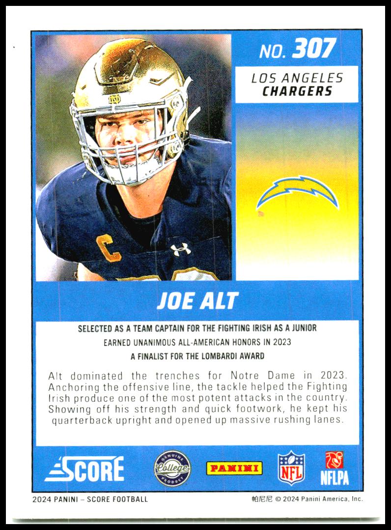2024 Score #307 Joe Alt Rookie Los Angeles Chargers
