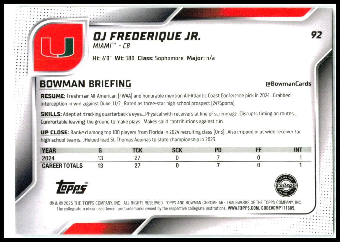2025 Bowman University Chrome #92 OJ Frederique Jr. Miami Hurricanes
