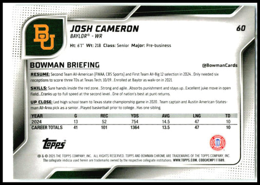 2025 Bowman University Chrome #60 Josh Cameron Baylor Bears