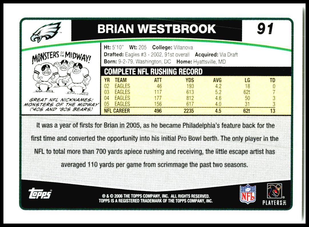 2006 Topps #91 Brian Westbrook Philadelphia Eagles