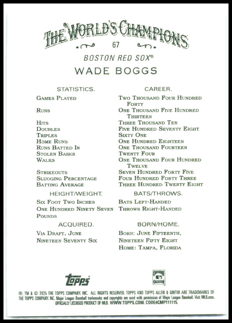 2025 Topps Allen & Ginter Foil Filagree #67 Wade Boggs Boston Red Sox