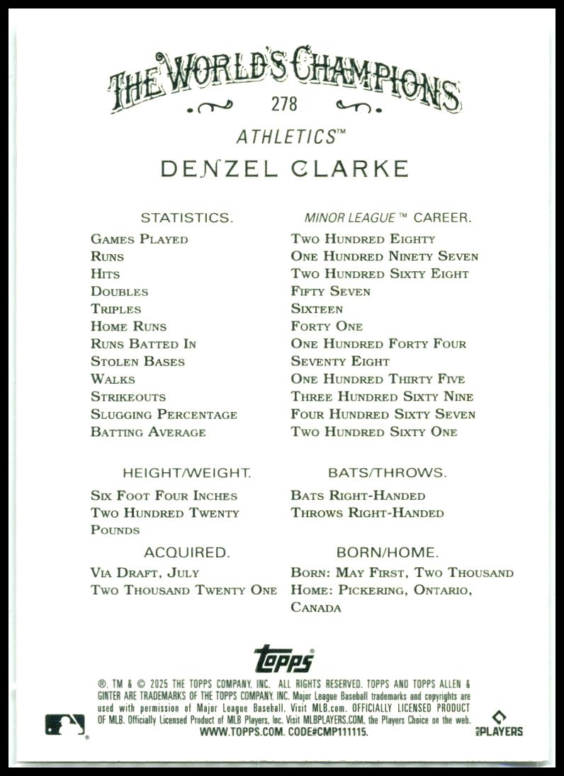 2025 Topps Allen & Ginter Silver Portrait #278 Denzel Clarke Rookie Athletics