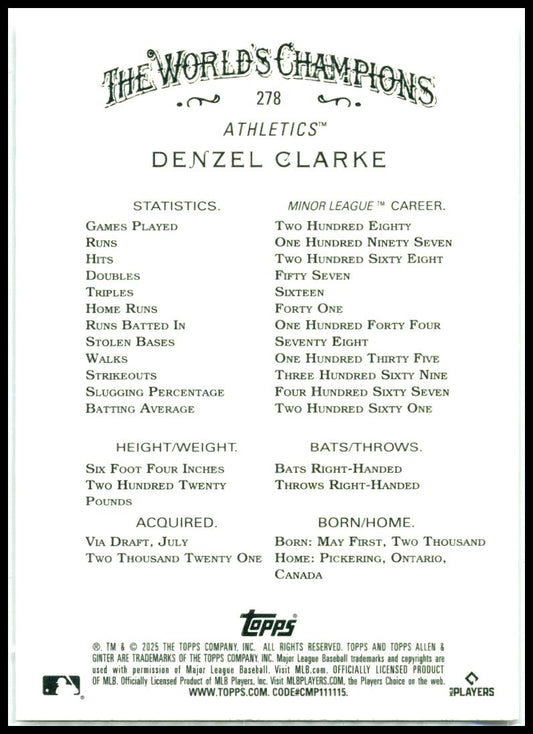 2025 Topps Allen & Ginter Silver Portrait #278 Denzel Clarke Rookie Athletics