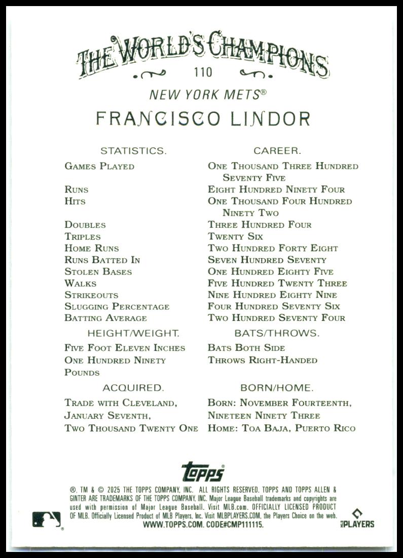 2025 Topps Allen & Ginter Silver Portrait #110 Francisco Lindor New York Mets