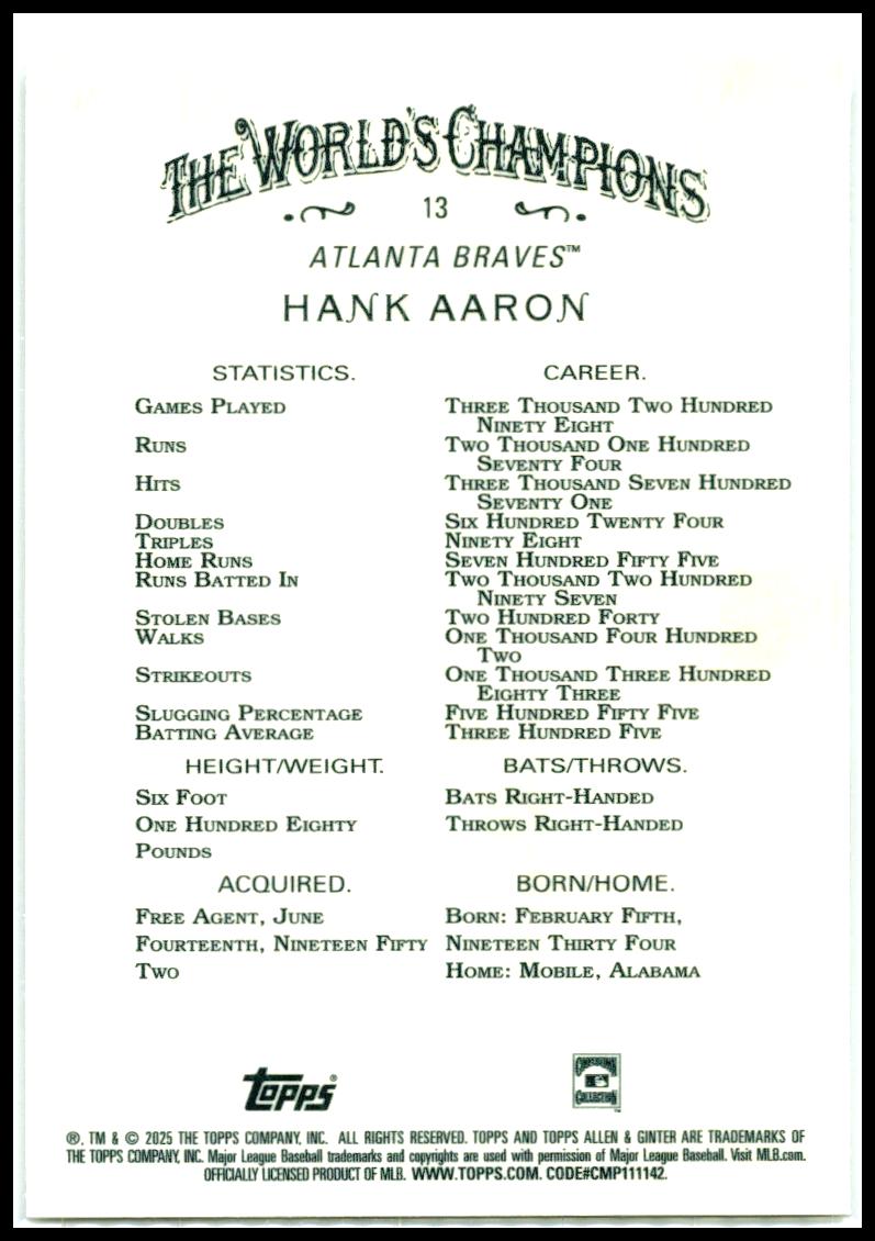 2025 Topps Allen & Ginter Silver Portrait #13 Hank Aaron Atlanta Braves