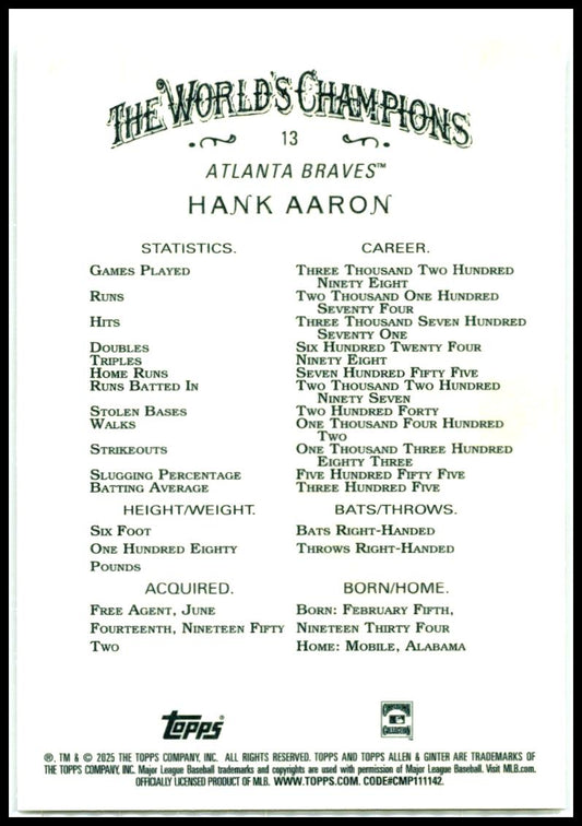 2025 Topps Allen & Ginter Silver Portrait #13 Hank Aaron Atlanta Braves