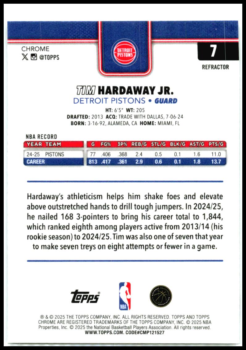 2025-26 Topps Chrome Refractor #7 Tim Hardaway Jr. Detroit Pistons