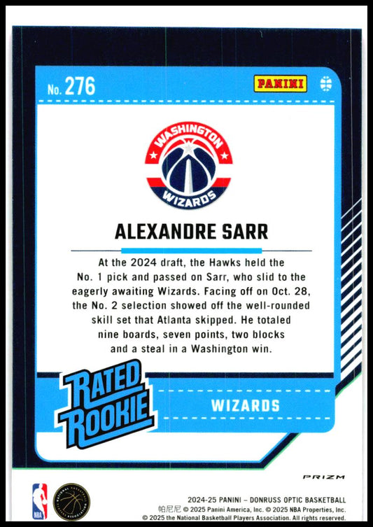 2024-25 Donruss Optic Hyper Pink #276 Alexandre Sarr Rookie Washington Wizards