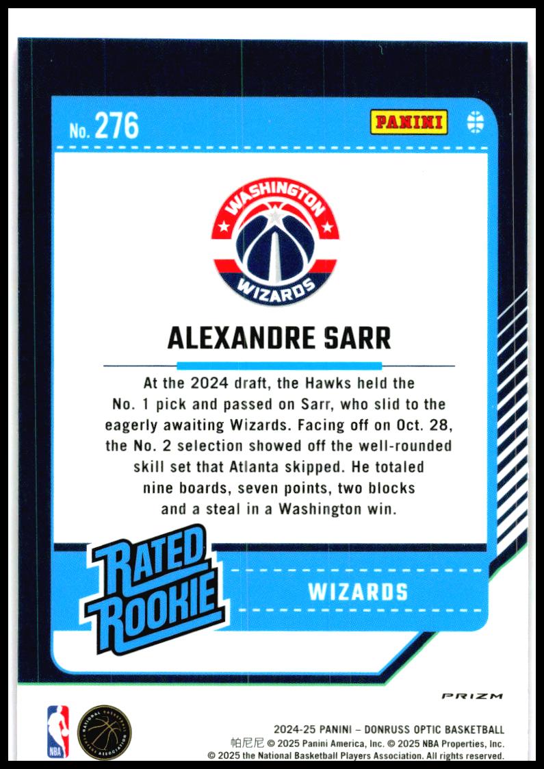 2024-25 Donruss Optic Hyper Pink #276 Alexandre Sarr Rookie Washington Wizards
