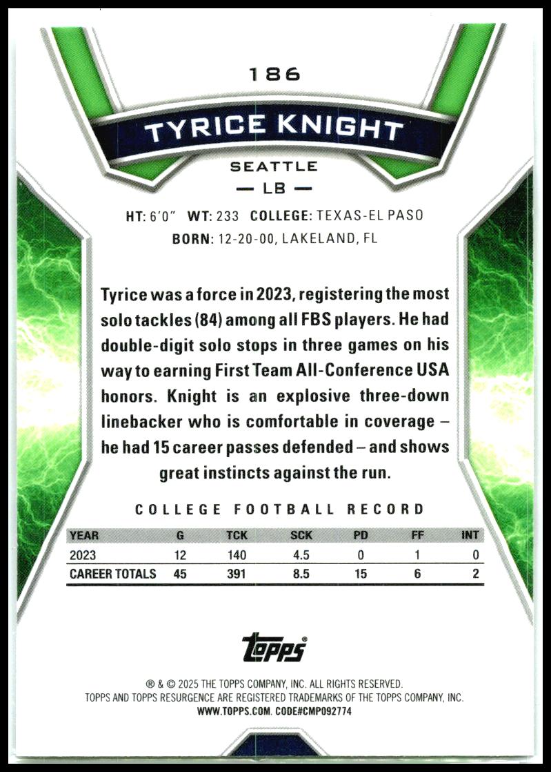 2024 Topps Resurgence #186 Tyrice Knight Rookie Seattle Seahawks