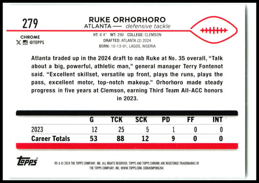 2024 Topps Chrome #279 Ruke Orhorhoro Rookie Atlanta Falcons
