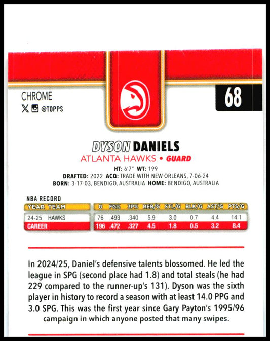 2025-26 Topps Chrome Red White and Blue Refractor #68 Dyson Daniels Hawks