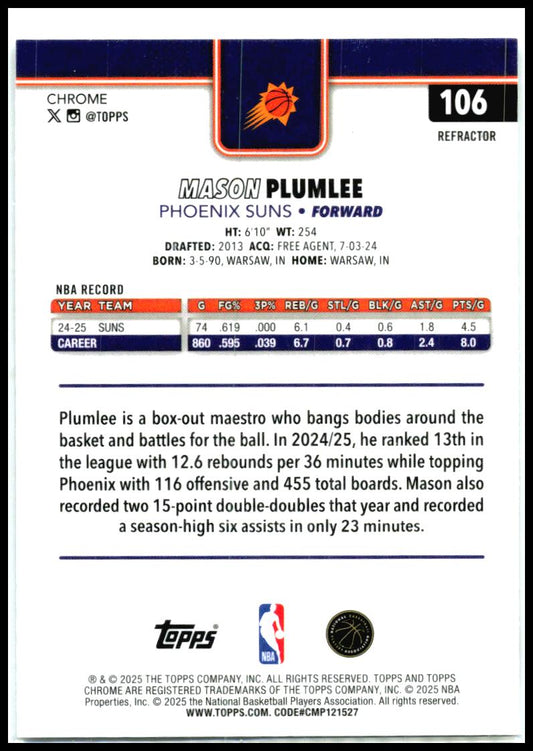 2025-26 Topps Chrome Refractor #106 Mason Plumlee Phoenix Suns