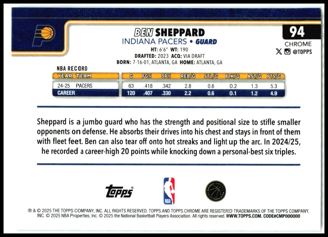 2025-26 Topps Chrome X-Fractor #94 Ben Sheppard Indiana Pacers