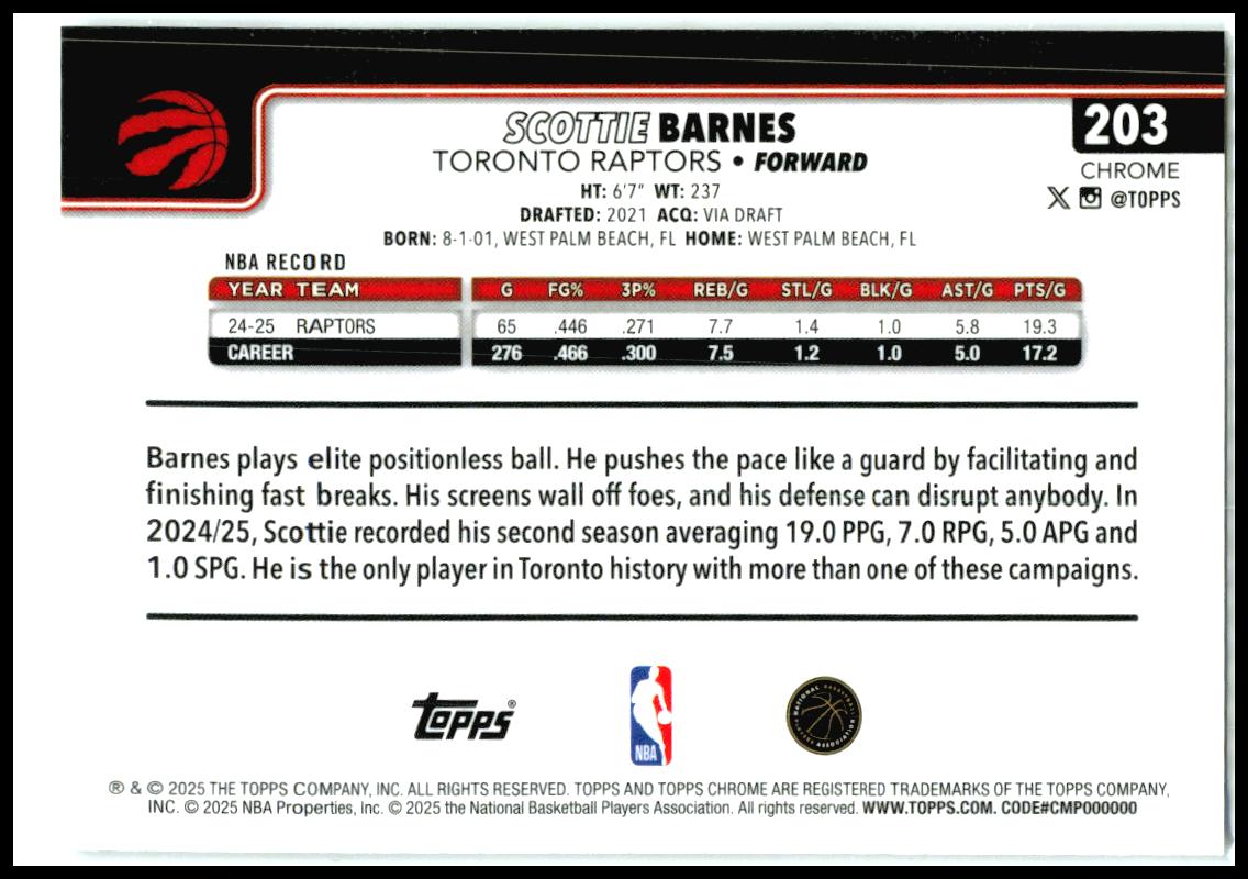 2025-26 Topps Chrome RayWave Refractor #203 Scottie Barnes Toronto Raptors