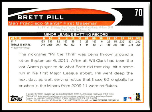 2012 Topps #70 Brett Pill San Francisco Giants