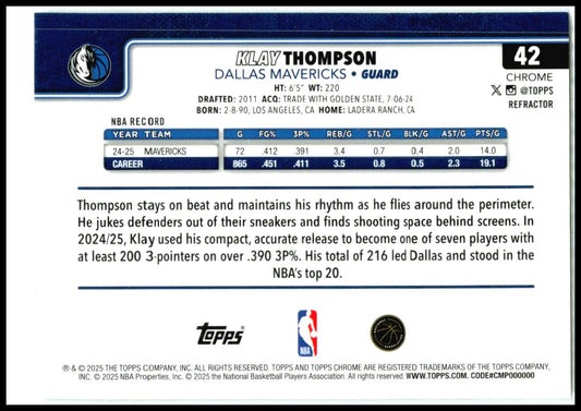 2025-26 Topps Chrome Refractor #42 Klay Thompson Dallas Mavericks