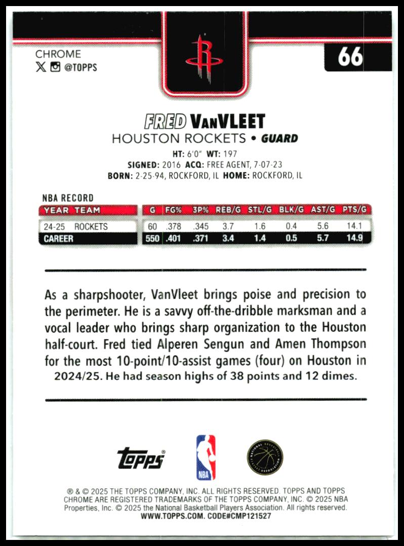 2025-26 Topps Chrome X-Fractor #66 Fred VanVleet Houston Rockets
